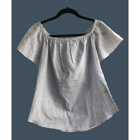 Blue & White Striped Moa Moa Off-Shoulder Ruffle Back Blouse S - Picture 2 of 7